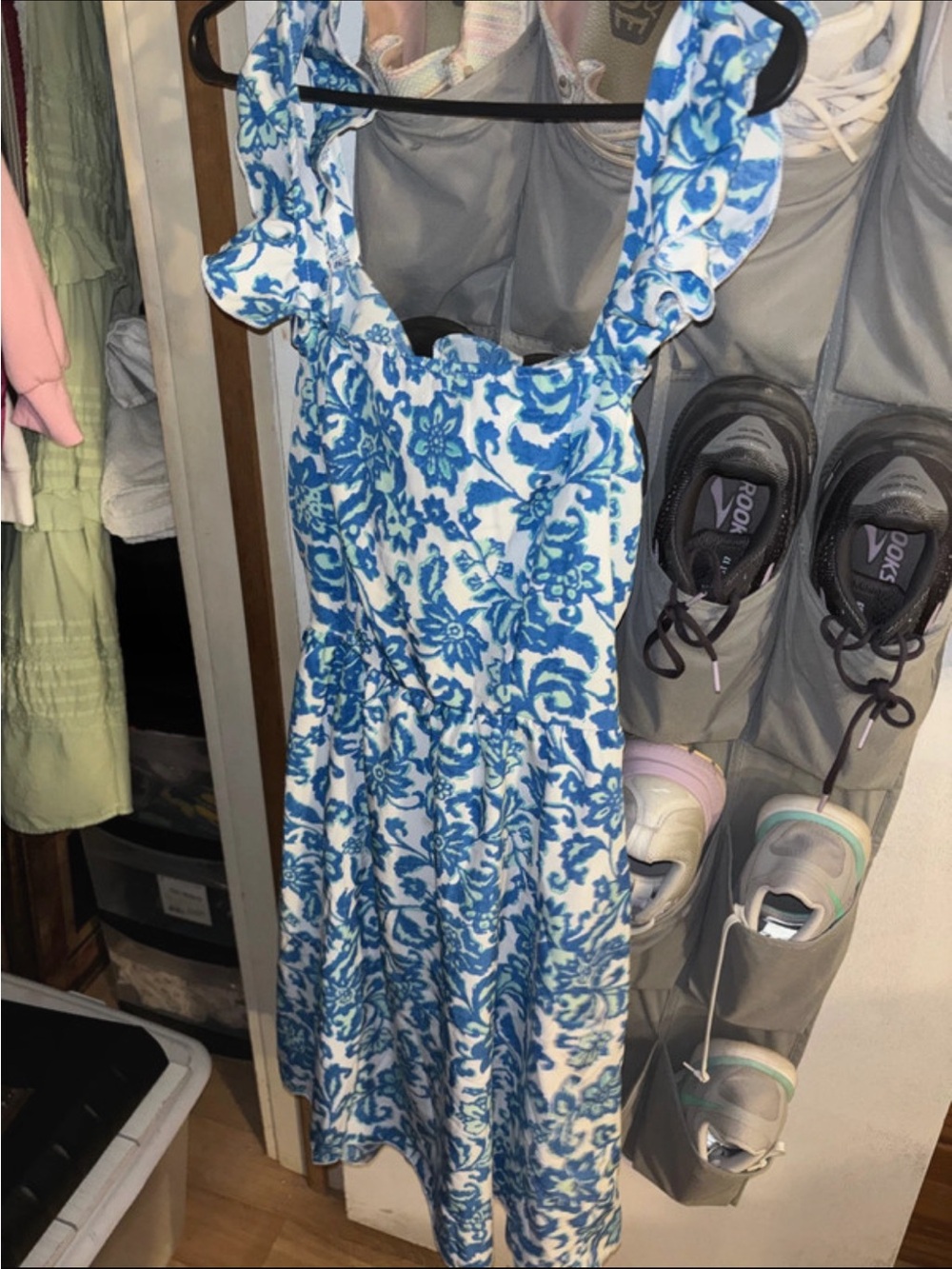 SHEIN White & Blue Floral Ruffle Midi Dress